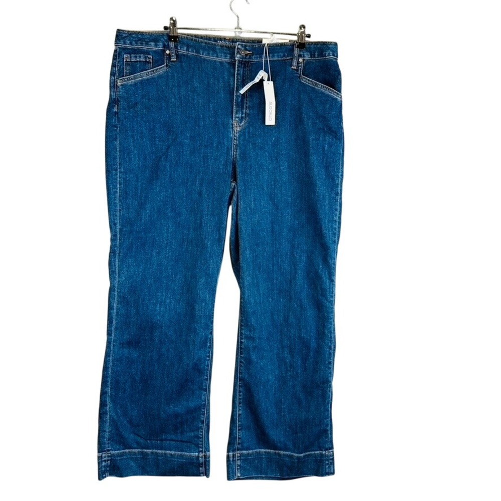 New Chico's Womans 4 20R Trouser Jeans Blue Denim Stretch Wide Leg NWT